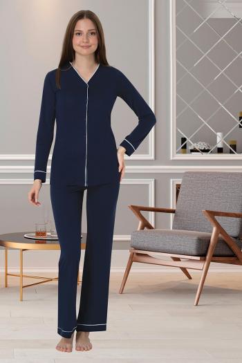 Effortt 5072 Lacivert Önden Düğmeli Lohusa Pijama Takımı