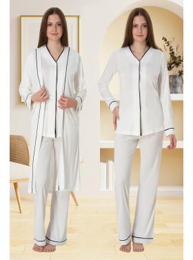 Effortt 5074 Ekru Düğmeli Sabahlıklı Lohusa Pijama Takımı