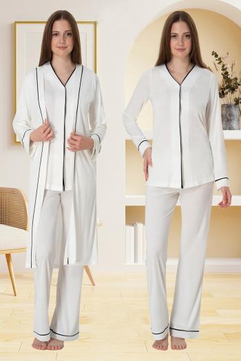 Effortt 5074 Ekru Düğmeli Sabahlıklı Lohusa Pijama Takımı