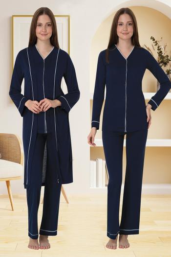 Effortt 5074 Lacivert Düğmeli Sabahlıklı Lohusa Pijama Takımı