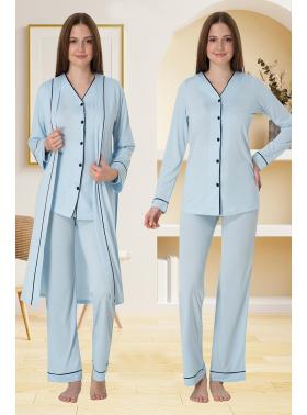 Effortt 5074 Mavi Düğmeli Sabahlıklı Lohusa Pijama Takımı