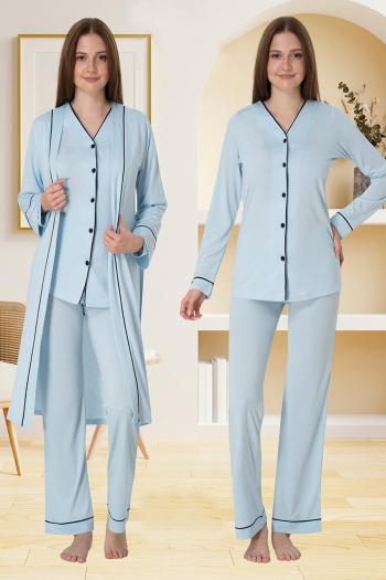 Effortt 5074 Mavi Düğmeli Sabahlıklı Lohusa Pijama Takımı