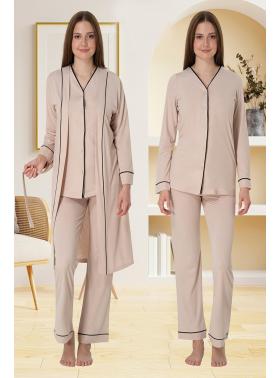 Effortt 5074 Sütlü Kahve Düğmeli Sabahlıklı Lohusa Pijama Takımı