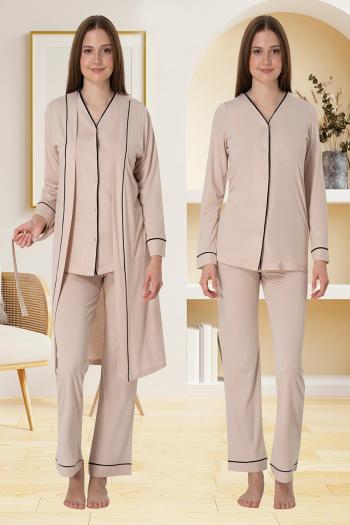 Effortt 5074 Sütlü Kahve Düğmeli Sabahlıklı Lohusa Pijama Takımı