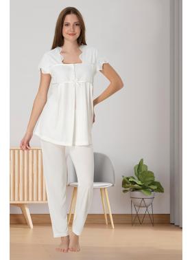 Effortt 5082 Ekru Fisto Yaka Kısa Kol Lohusa Pijama Takımı