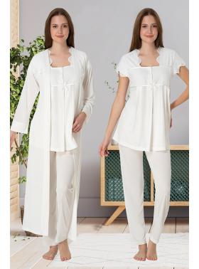 Effortt 5084 Ekru Fisto Yaka Kısa Kol Lohusa Pijama ve Sabahlık Takım