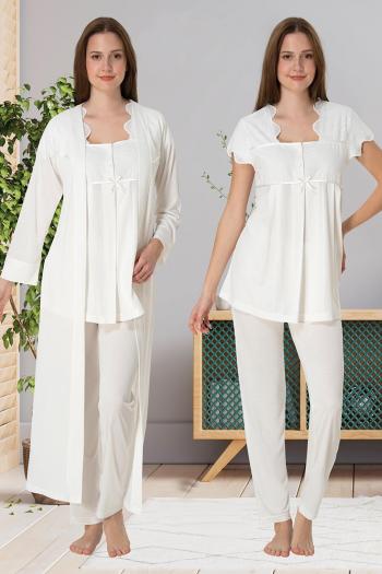 Effortt 5084 Ekru Fisto Yaka Kısa Kol Lohusa Pijama ve Sabahlık Takım