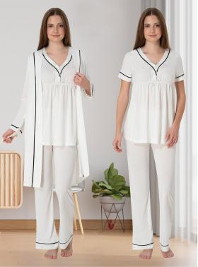 Effortt 5094 Ekru Biye Detaylı Sabahlıklı Lohusa Pijama Takımı