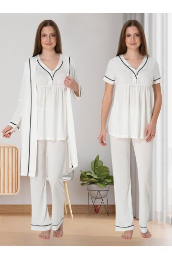 Effortt 5094 Ekru Biye Detaylı Sabahlıklı Lohusa Pijama Takımı