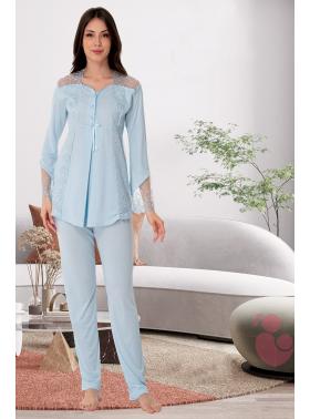 Effortt 8018 Mavi Dantel Detaylı Lohusa Pijama Takımı