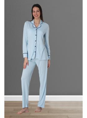 Effortt 8097 Mavi Uzun Kol Önden Düğmeli Lohusa Pijama Takımı