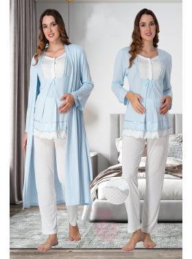 Effortt 9054 Puan Detaylı Mavi Sabahlıklı Lohusa Pijama Takımı