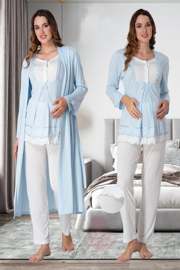 Effortt 9054 Puan Detaylı Mavi Sabahlıklı Lohusa Pijama Takımı