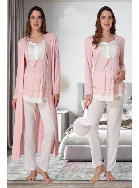 Effortt 9054 Puan Detaylı Pudra Pembe Sabahlıklı Lohusa Pijama Takımı