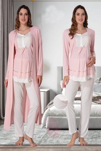 Effortt 9054 Puan Detaylı Pudra Pembe Sabahlıklı Lohusa Pijama Takımı