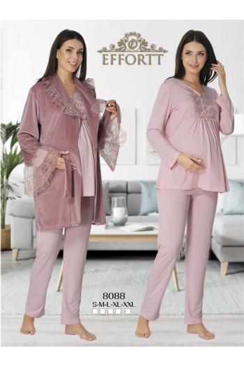 Effortt 8088P Kadife Sabahlıklı Dantelli Lohusa Pijama Takımı