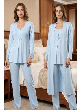 Effortt 9048 Mavi Sabahlıklı Uzun Kol Hamile Lohusa Pijama Takımı