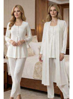Effortt 9048 Ekru Sabahlıklı Uzun Kol Hamile Lohusa Pijama Takımı