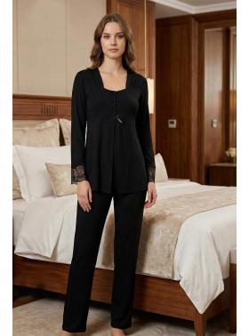 Effortt 9042 Siyah Dantel Detaylı Lohusa Pijama Takımı