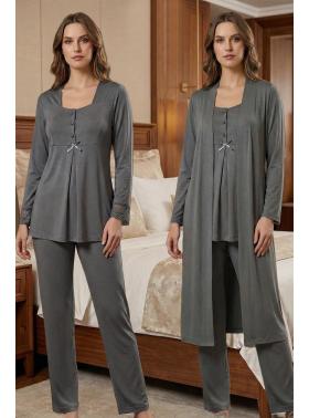 Effortt 9048 Koyu Gri Sabahlıklı Uzun Kol Hamile Lohusa Pijama Takımı