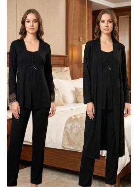Effortt 9048 Siyah Sabahlıklı Uzun Kol Hamile Lohusa Pijama Takımı