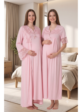 Effortt 9015 Pudra Pembe Dantelli Sabahlıklı Lohusa Gecelik Takımı