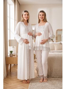 Dantelli Ekru Uzun Kollu Lohusa Hamile Pijama Takımı Sabahlık 33004 Dantelli Ekru Uzun Kollu Lohusa Hamile Pijama Takımı Sabahlık 33004