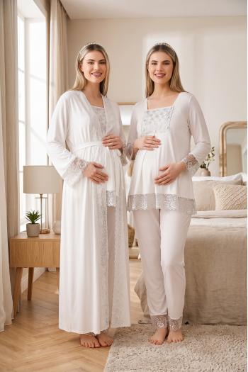 Dantelli Ekru Uzun Kollu Lohusa Hamile Pijama Takımı Sabahlık 33004