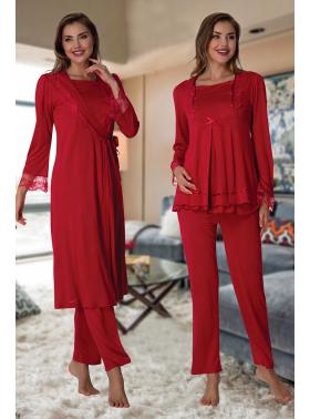 Effortt 2018V Vişne Kolay Emzirme Özellikli Sabahlıklı Lohusa Pijama Takımı