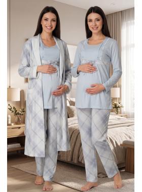 Effortt 8084 Mavi Sabahlıklı Dantelli Lohusa Pijama Takım