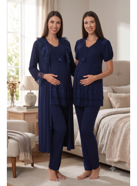 Effortt 8024 Lacivert Dantel Sabahlıklı Lohusa Pijama