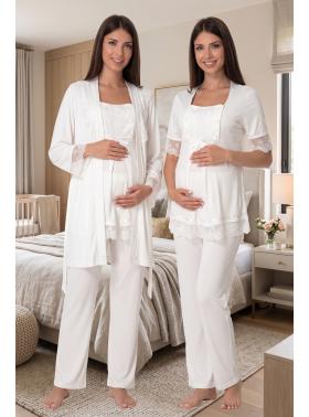 Effortt 6034 Ekru Emzirme Özellikli Sabahlıklı Lohusa Pijama Takımı