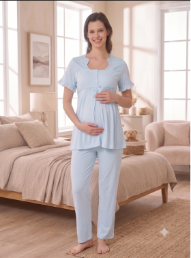 Effortt 7022 Mavi Fisto Dantelli Hamile Lohusa Pijama Takımı