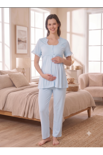 Effortt 7022 Mavi Fisto Dantelli Hamile Lohusa Pijama Takımı