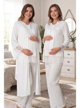 Effortt 7044 Kolları Güpürlü Sabahlıklı Dantelli Lohusa Pijama Takımı