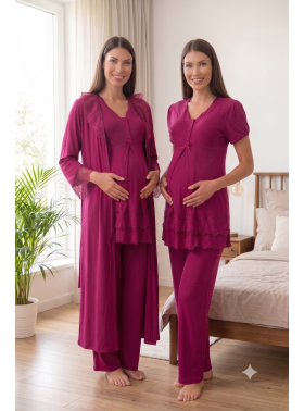Effortt 8024 Vişne Dantel Sabahlıklı Lohusa Pijama