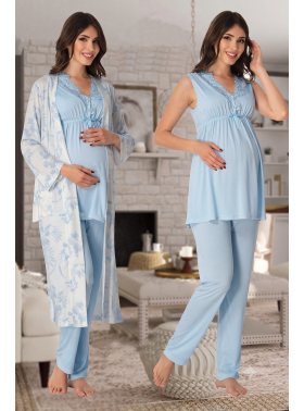 Effortt 8034 Mavi Lohusa Hamile Pijama Takım Sabahlık