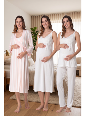 Effortt 9036 Ekru Çizgili Sabahlıklı Lohusa 4lü Set
