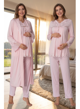 Effortt 7034 Pudra Pembe Uzun Sabahlıklı Dantelli Lohusa Pijama Takımı