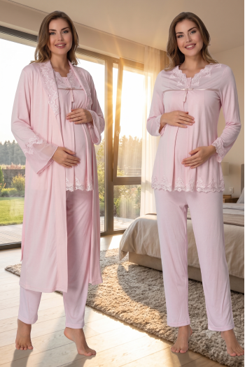 Effortt 7034 Pudra Pembe Uzun Sabahlıklı Dantelli Lohusa Pijama Takımı