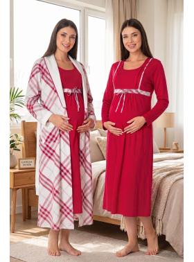 Effortt 8085 Vişne Sabahlıklı Dantelli Lohusa Gecelik