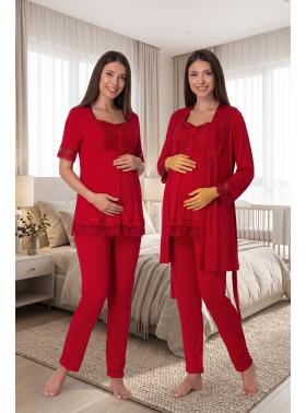 Effortt 6034 Vişne Emzirme Özellikli Sabahlıklı Lohusa Pijama Takımı