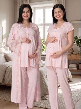 Effortt 5011 Pudra Uzun Prenses Sabahlıklı Lohusa Pijama Takımı