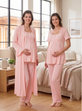Effortt 7024 Pudra Fisto Dantelli Sabahlıklı Hamile Pijama Takımı