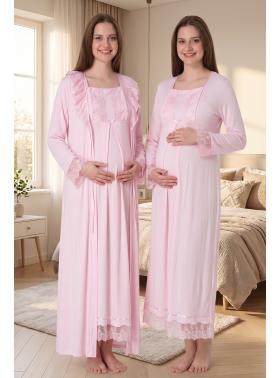 Effortt 3041 PEMBE Dantelli Sabahlıklı Lohusa Gecelik Takımı