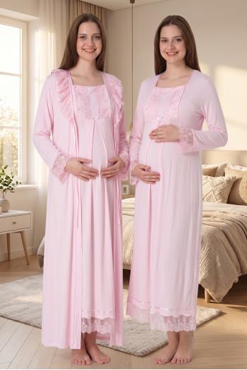 Effortt 3041 PEMBE Dantelli Sabahlıklı Lohusa Gecelik Takımı