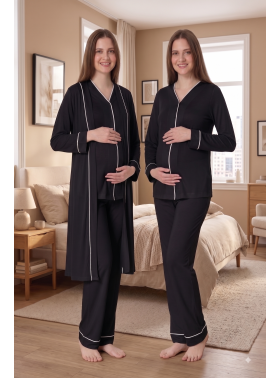 Effortt 5074 Siyah Düğmeli Sabahlıklı Lohusa Pijama Takımı