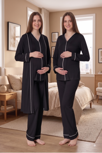 Effortt 5074 Siyah Düğmeli Sabahlıklı Lohusa Pijama Takımı Effortt 5074 Siyah Düğmeli Sabahlıklı Lohusa Pijama Takımı