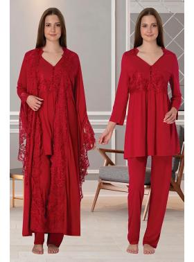 Effortt 3015  Vişne Prenses Sabahlıklı Lohusa Pijama Takımı