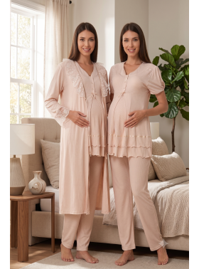Effortt 8024 Sütlü Kahve Dantel Sabahlıklı Lohusa Pijama Takımı